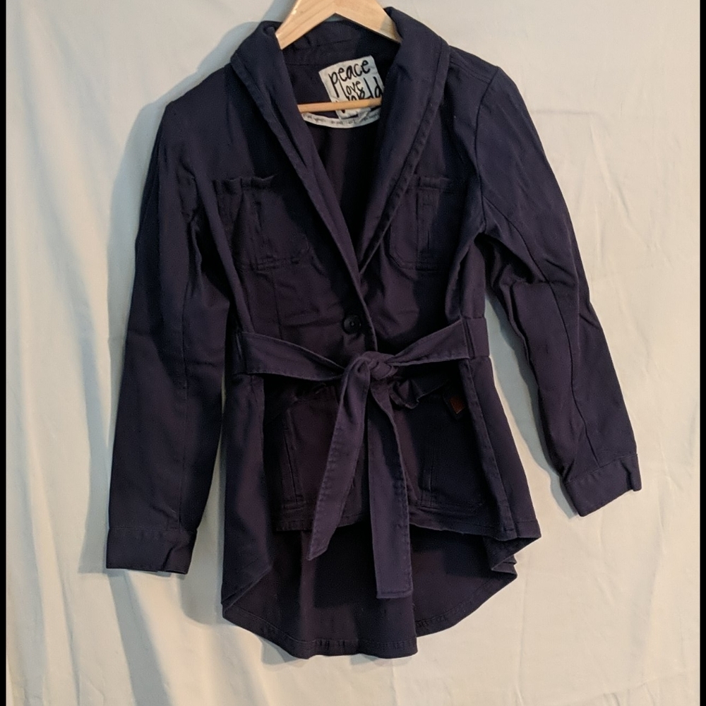 Peace Love World peplum back blue belted jacket